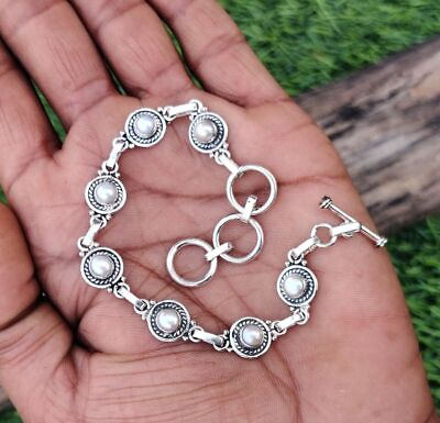 #ad Round Pearl Gemstone Handmade 925 Sterling Silver Gift For Promise Bracelet MM62