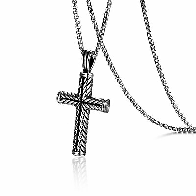 Men#x27;s Vintage Black Silver Tone Stainless Steel Religious Cross Pendant Necklace $3.15