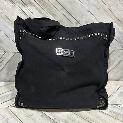 #ad Buckle Designer Clothes Signature Black Canvas Tote Bag Studded Logo Bag