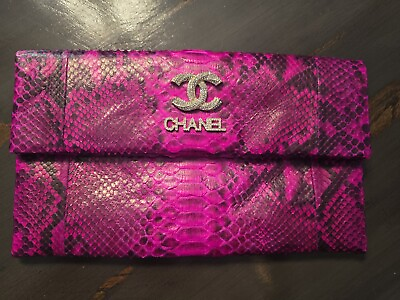 #ad Genuine Pink Python Magnetic Clutch Adoroned With Vintage Chanel Pins