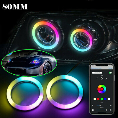 #ad 2X RGB 80MM LED Light Guide Angel Eyes Halo Rings for Car Headlight Retrofit New