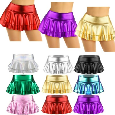 #ad Women#x27;s Shiny Pleated Skirts Skater Metallic Miniskirt Dancewear Stage Nightclub