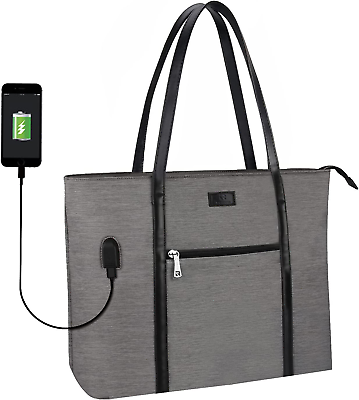 Laptop Tote Bag Large Women Work Bag Purse USB Teacher Bag Fits 15.6 Inch Gray