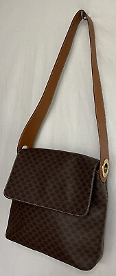 #ad CELINE $695 Brown Macadam PVC Canvas and Leather Crossbody Bag Purse MC98 2