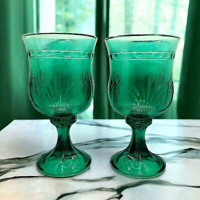 #ad 2 Vintage 1970s Toscany Alexandria Green Water Goblets MCM