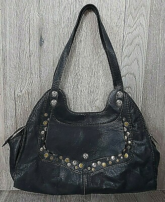 #ad Patricia Nash Ergo Studded Satchel Purse Shoulder Bag Black Italian Leather