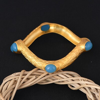 #ad Designer Wave Handmade Textured Gold Plated Bridal Bangle With Blue Chalcedony