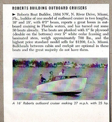 #ad 1953 Magazine Photo Roberts 16#x27; Outboard Cruiser Boat MiamiFL