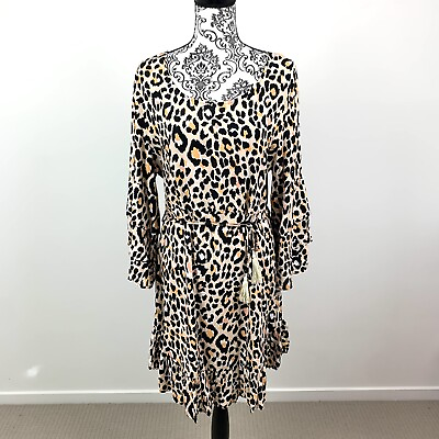 #ad Tequila Sunrise Womens Dress Leopard Cheetah 3 4 Sleeve Midi Shift Size 14 L