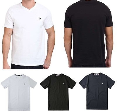 Fred Perry Men#x27;s V neck T shirt Black 100% Cotton Solid Short Sleeve Tee $44.95