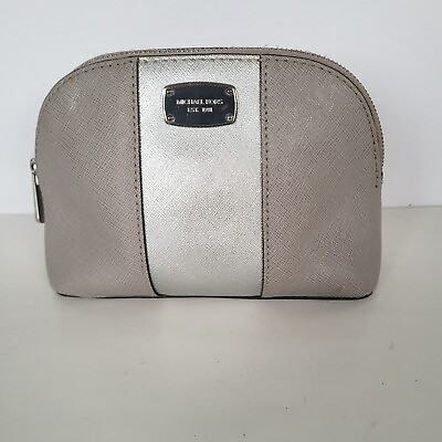 #ad #ad Michael Kors MK Cosmetic Case Pouch Medium Bag Saffiano Gray Silver Leather Logo