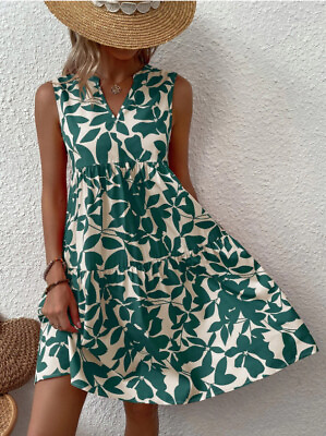 #ad Bohemian Dress Summer Beach Fashion Loose V neck Pleated Print Sleeveless