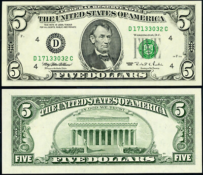 #ad FR. 1985 D $5 1995 Federal Reserve Note Cleveland D C Block Superb CU