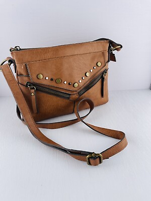 #ad Women#x27;s Brown Faux Leather Crossbody Purse Bag Studs Zipper Close