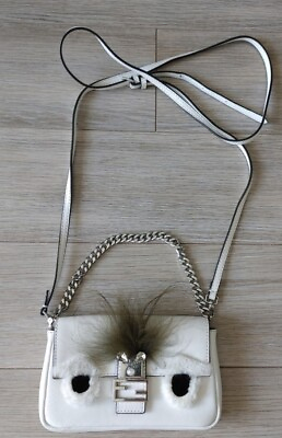 #ad Fendi Micro Monster Baguette White Leather Satchel Crossbody Bag