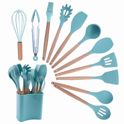 #ad 12 Pcs Kitchen Silicone Utensils Set with Heat Resist Wooden Handle Green Gifts
