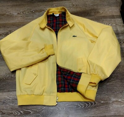 #ad Vtg 70s IZOD Lacoste Jacket Size Medium Yellow Harrington Bomber Plaid Lined Zip