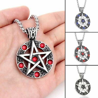 Pentagram Pentacle Star Blue Red Black Rhinestone Pendant Necklace 24quot; Box Chain $8.99