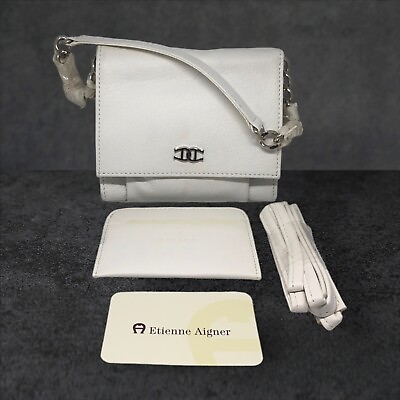 #ad ETIENNE AIGNER White Pebble Leather Crossbody Handbag With Card Wallet NWT