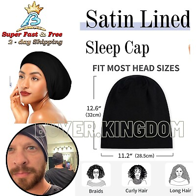 #ad Black Satin Night Sleeping Cap For Long Hair Wrap Bonnet Hat Hair Care Men Women