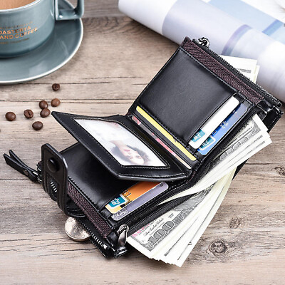 #ad Mens Bifold Black Wallet Leather Zip Purse Credit Card Holder Coin Pocket Clutch