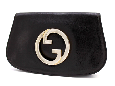 #ad Gucci Vintage Bag Clutch Handbag Purse GG Interlocking Leather Black Authentic
