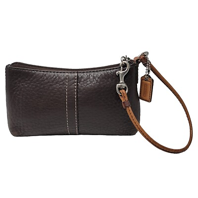 #ad Coach Wristlet 7quot; Pebbled Brown Logo Charm Clutch Wallet Leather Tan Clip Strap