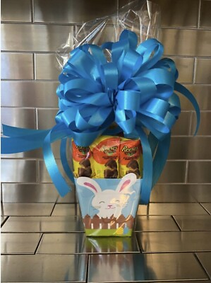 #ad Easter Basket Reese’s Peanut Butter Eggs Candy Wrapped Blue Bow Comes With Card