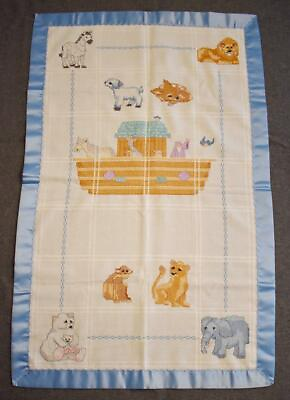 #ad ADORABLE BLUE SATIN TRIM BABY BLANKET FOR LITTLE BOY WITH CROSSTITCH NOAH#x27;S ARK