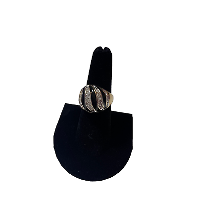 #ad Vintage Black Enamel Clear Rhinestone Striped Dome Gold Bubble Ring sz 7