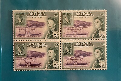 #ad VintageBlockOfStamps 1962 Antigua 3cMNH QEII Young And Pretty Don#x27;tletitslipaway