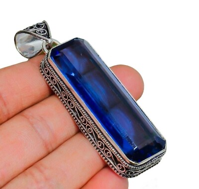 #ad Blue Sapphire Gemstone Pendant 925 Sterling Silver Jewelry Pendant 1.97quot;