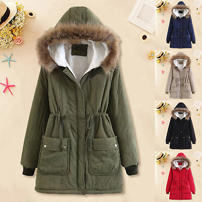 #ad Women Casual Style Faux Fur Trim Hood Long Winter Parka Coat Loose Fit Silhouete