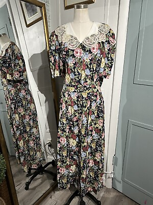 #ad Vintage 80s 50s Floral Print Garden Party Cotton Cottagecore Dress Size 14