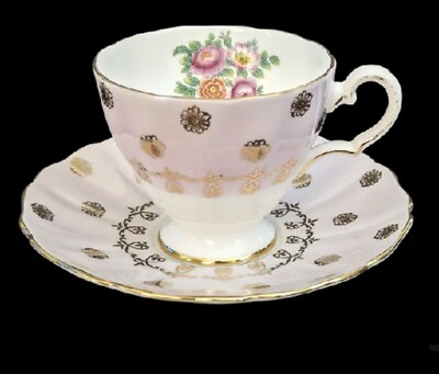 #ad Grosvenor Bone China Cup amp; Saucer England Pink Gilt Floral Scalloped Numbered