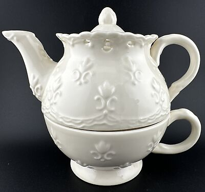 #ad Skye McGhie Cream Lace Stackable Teapot Cup Fleur de Lis