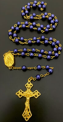 #ad Catholic Blue amp; Purple Pearl 5 Decade Rosary Gold Tone Crucifix Mary Center