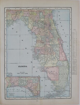 #ad Original 1899 Map FLORIDA Miami Tampa Jacksonville Tallahassee Key West Orlando