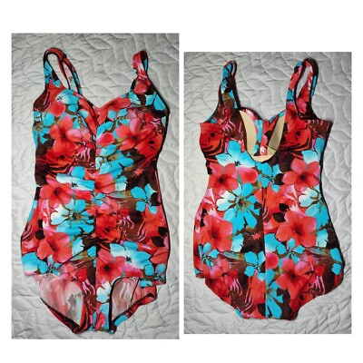 #ad Maxine of Hollywood Front Shirred One Piece Pink Blue Floral Swimsuit 14