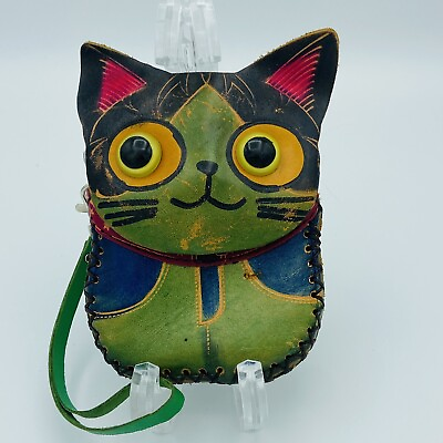 #ad Handmade Wristlet Genuine Leather Cat Purse Hemp Pouch Crossbody Handbag