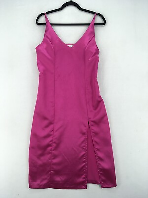 #ad AMP Women#x27;s Slip Dress Size Medium Satin Solid Pink Side Slit Sleeveless Zip