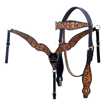 #ad 35RK Hilason Western Horse Floral Hand Carved Headstall Breast Collar Set