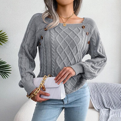 #ad Ladies Long Sleeve Chunky Jumper Cable Knitted Winter Women Sweat Square Neck