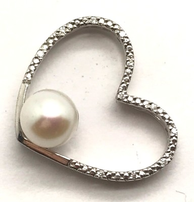 #ad Sterling Silver 925 Round White Pearl CZ Accent Heart Love Swirl Elegant Pendant