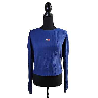#ad Tommy Hilfiger Sport Blue Cropped Long Sleeve Ribbed Sweater Size Medium Blue