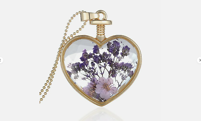 #ad Natural Real Dried Flower Resin Glass Locket Heart Pendant Necklace Jewelry Ne