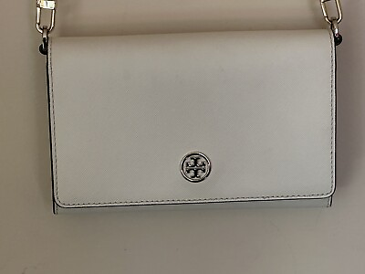#ad Tory Burch Robinson Chain Wallet Crossbody Leather White amp; Gold Logo WOC