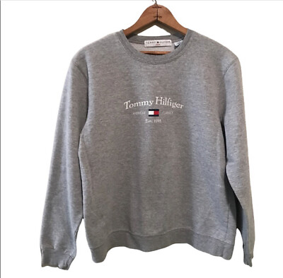 Tommy Hilfiger Sweatshirt Pull Over Women#x27;s Size L Gray Flag VTG Unisex 90 $45.00