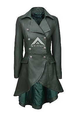 #ad EDWARDIAN Ladies Women Green WASHED Real Leather LACED BACK Jacket Coat 3492
