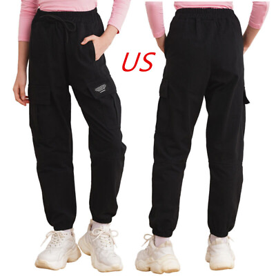 #ad US Kids Girls Pants Casual Daily Wear Drawstring Cargo Long Trousers Teens Boys